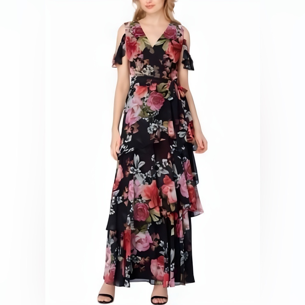 Tahari ASL Cold Shoulder Floral Chiffon Maxi Gown (1084)
